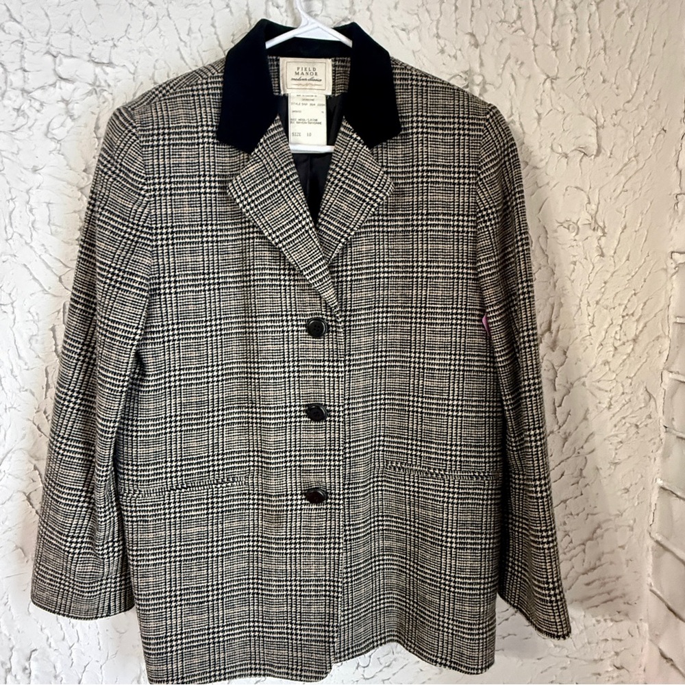 Field Manor Wool Blazer Size 10 I Houndstooth Wool Jacket I Classic Tailored - Picture 2 of 15